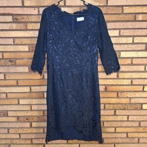 Eliza J Size 12 Navy 3/4-Sleeve Lace Sheath Dress